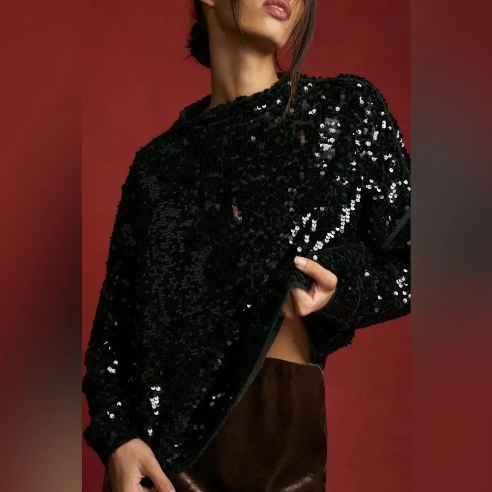 Anthropologie The Alani Cashmere Mock-Neck Sweater by Pilcro Sequin Edition NWT